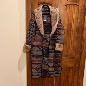 L&B Faux Fur Trim Coat with Striped Pattern
